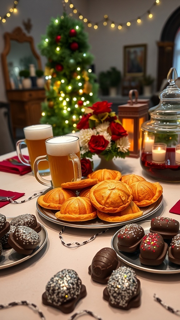 Harry Potter themed Christmas party food including Butterbeer, Pumpkin Pasties, and Chocolate Frogs on a decorated table.